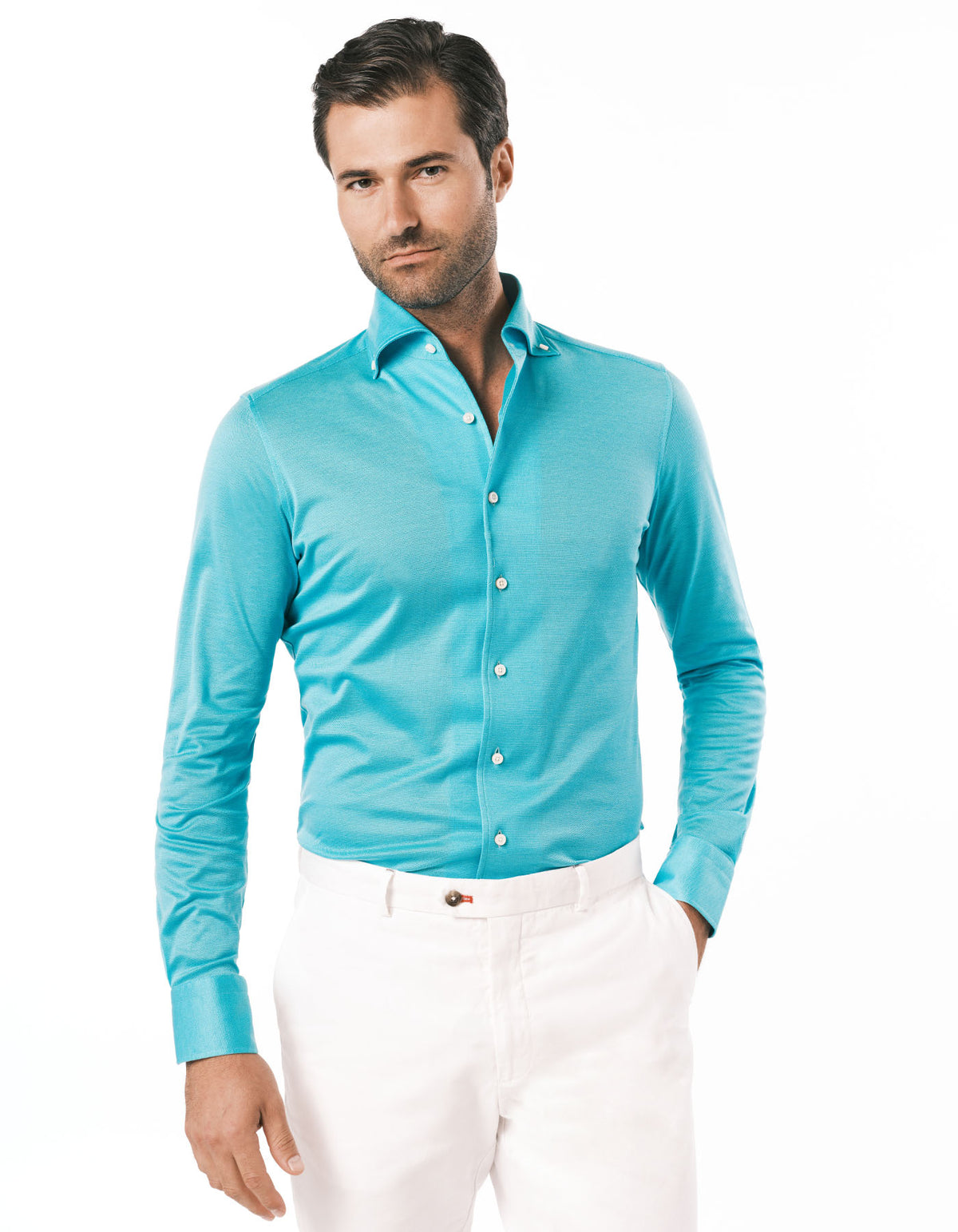 HANDMADE PIQUE KNIT ONE PIECE BUTTON DOWN COLLAR AQUA