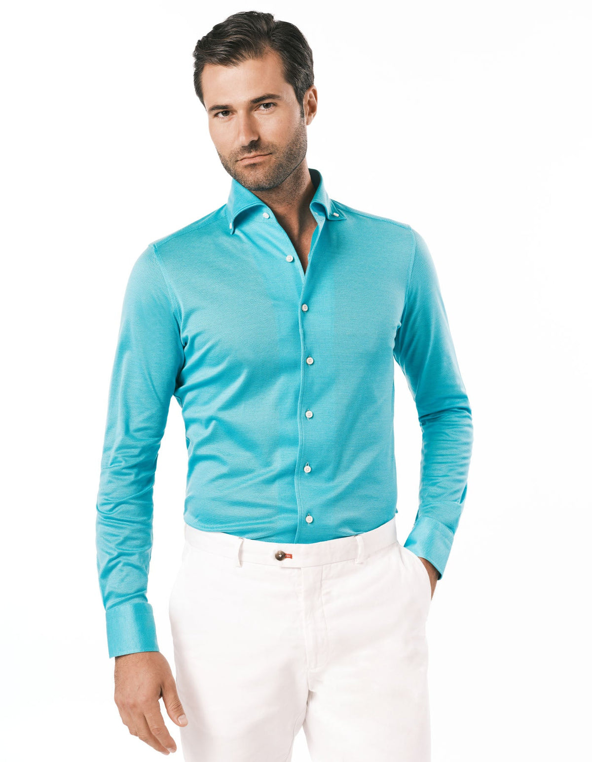 HANDMADE PIQUE KNIT ONE PIECE BUTTON DOWN COLLAR AQUA