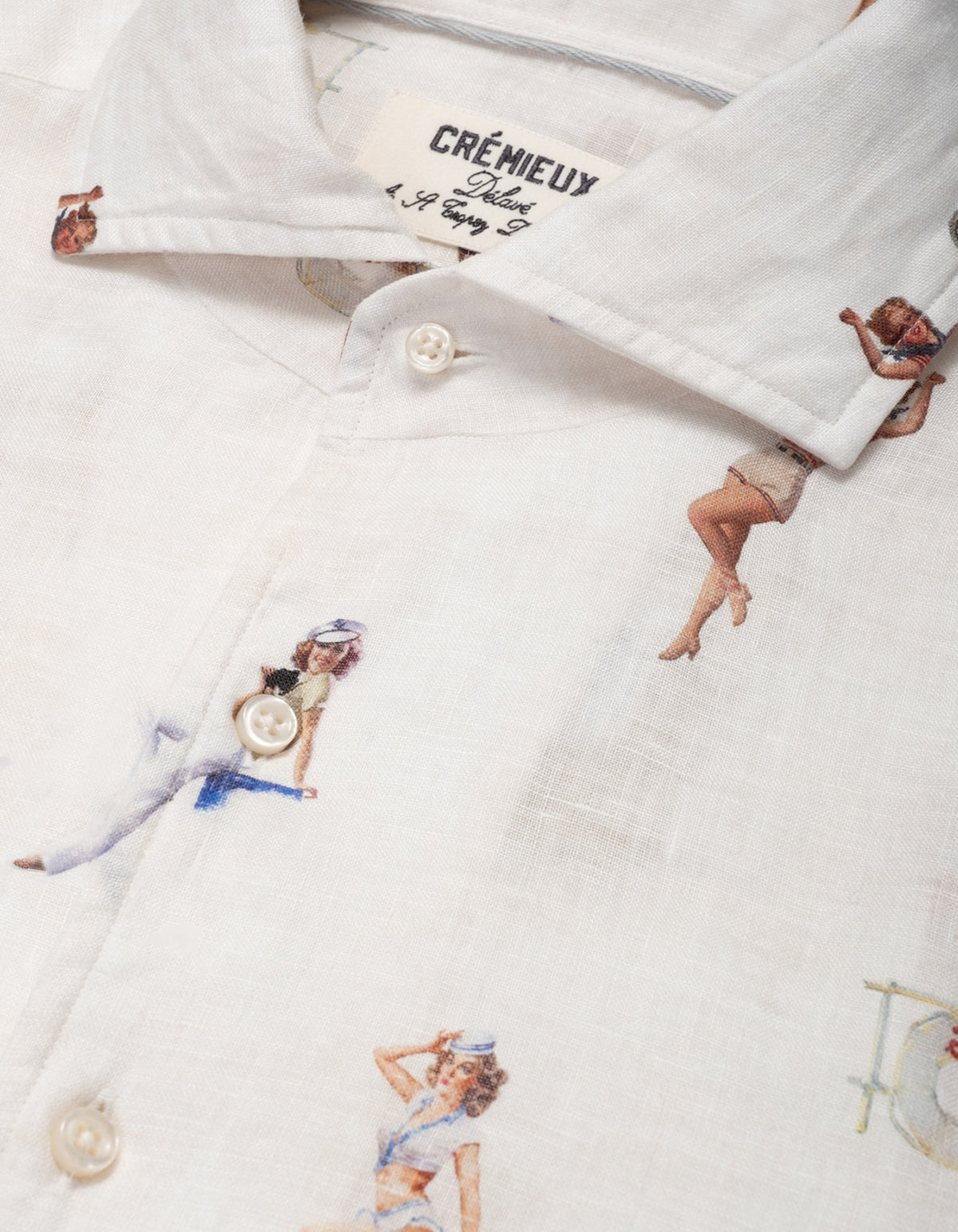 White coat with pin-up girl illustrations and Cremeieu branding