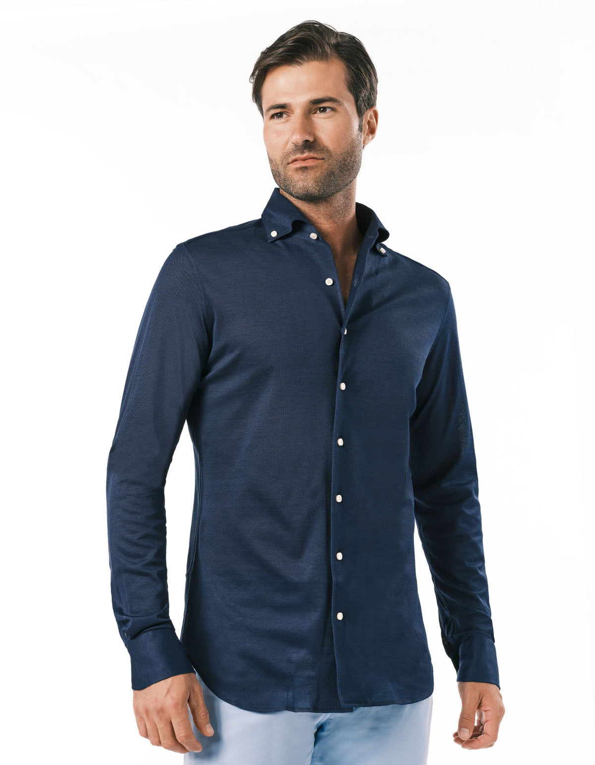 HANDMADE PIQUE KNIT ONE PIECE BUTTON DOWN COLLAR NAVY